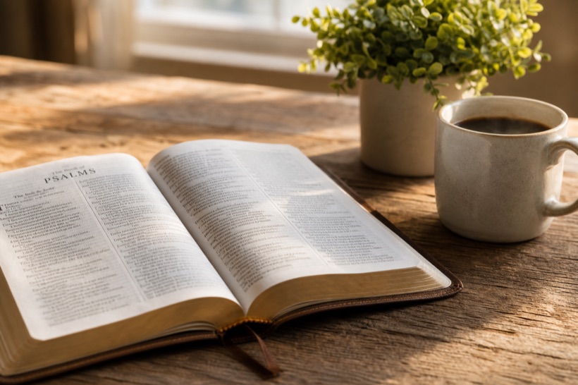 Una Biblia abierta junto a una taza de cafe y una planta