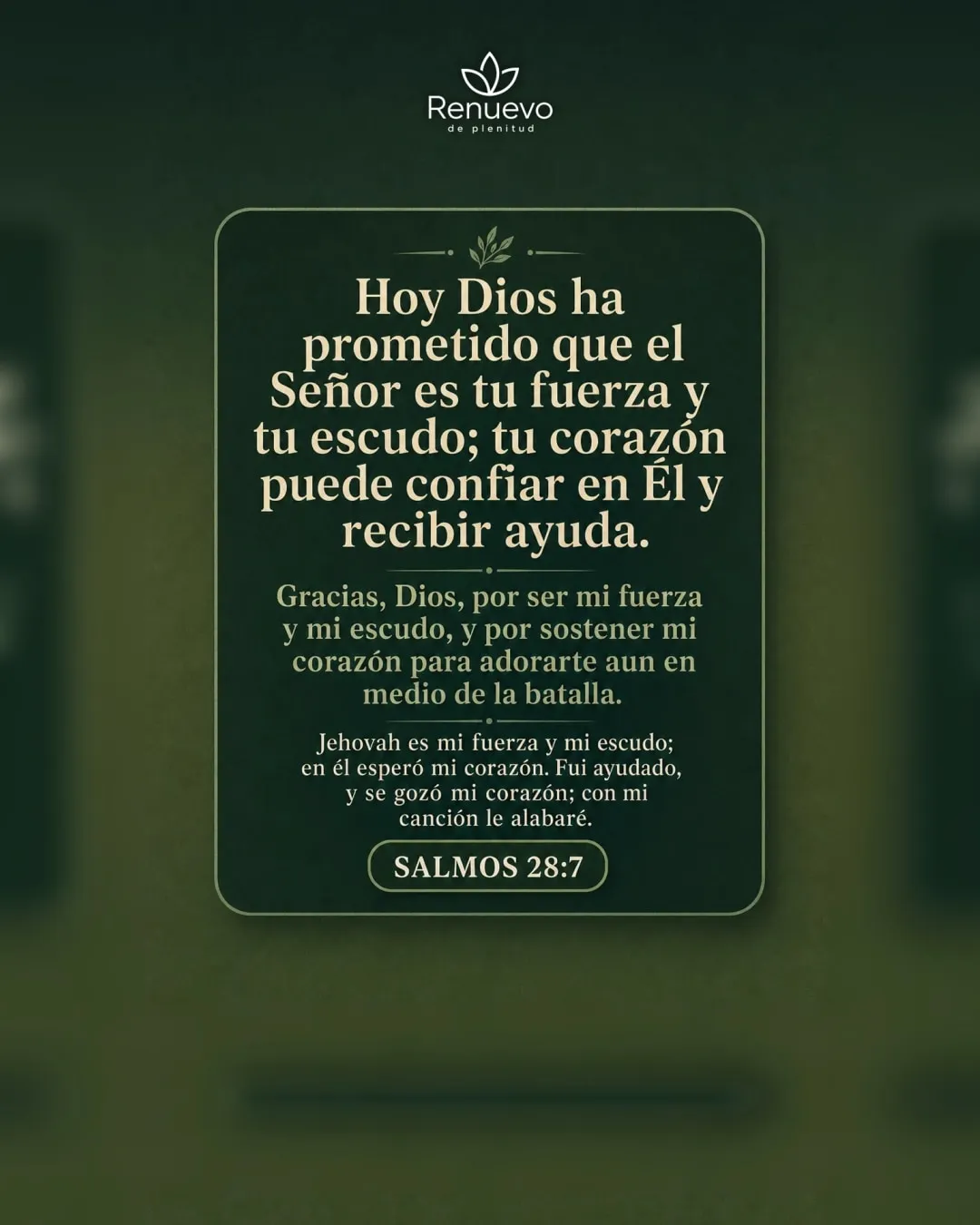 promesa-118-bdec1f89-f52d-4fec-a42e-23fcc1dc6a54 - Renuevo De Plenitud el Señor es tu fuerza y tu escudo; tu corazón puede confiar en Él y recibir ayuda (Salmos 28:7)