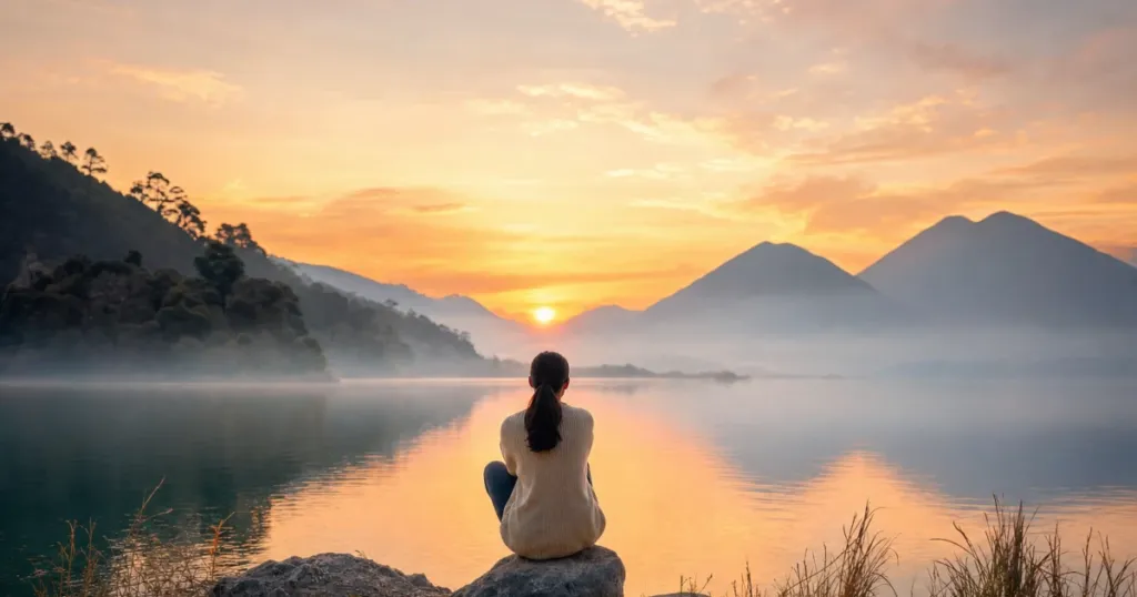Person sitting on a rock by a calm lake at sunrise, with misty mountains in the distance.