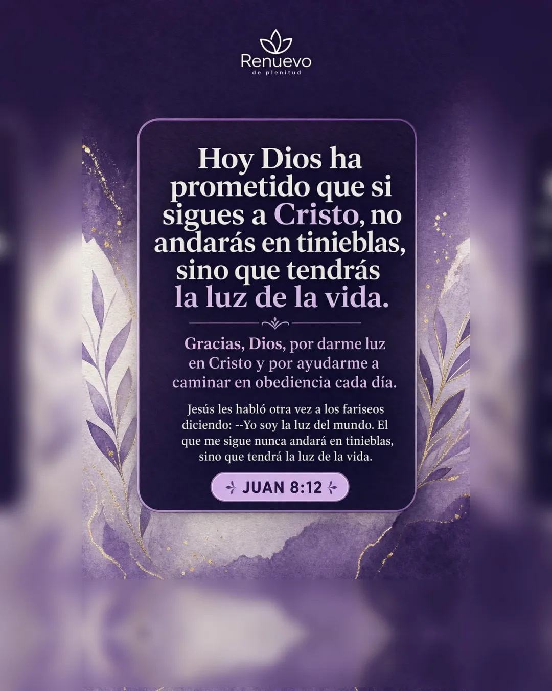promesa-84-b8d6d0a7-cfe7-4a3d-ad48-65f19e2f60e2 - Renuevo De Plenitud si sigues a Cristo, no andarás en tinieblas, sino que tendrás la luz de la vida (Juan 8:12)