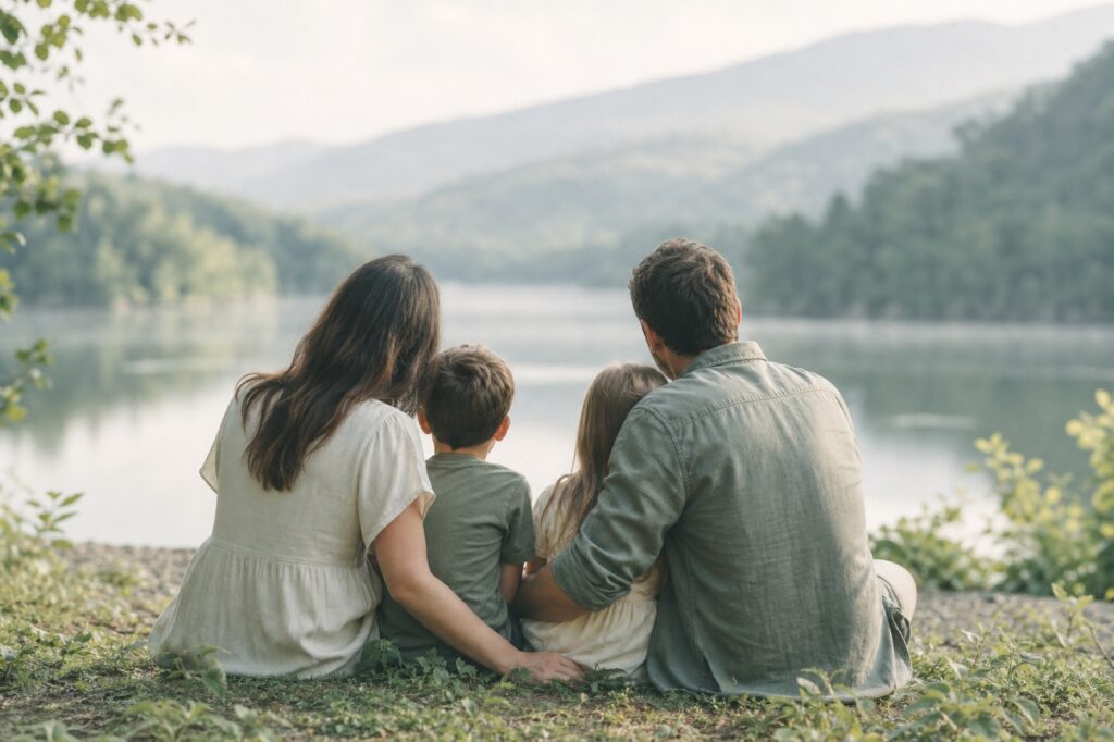 Familia sentada junto a un lago en una mañana serena