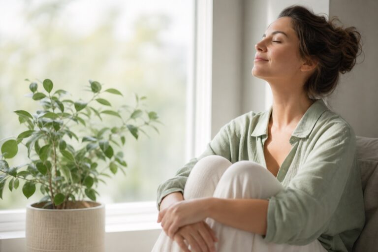 Mujer respirando en calma junto a una ventana