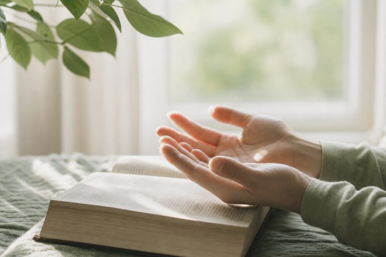Manos abiertas sobre un libro junto a la ventana