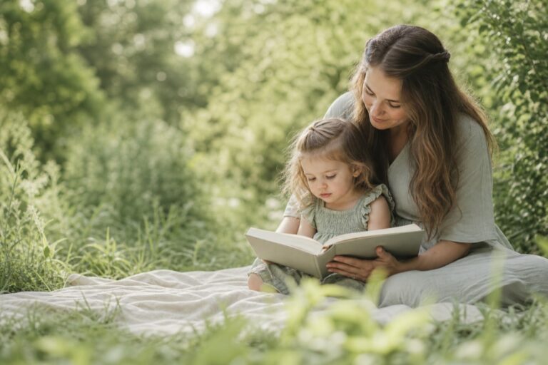 Madre e hija leyendo juntas al aire libre