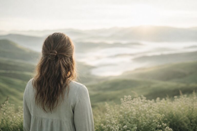 Mujer contemplando el amanecer sobre las colinas