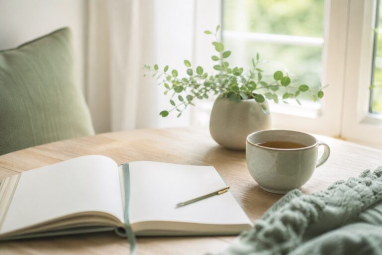 Rincón tranquilo con té, diario y planta