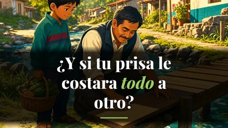 Man and boy by a riverside wooden dock with a basket of fruit nearby; overlay text reads in Spanish: '¿Y si tu prisa le costara todo a otro?'