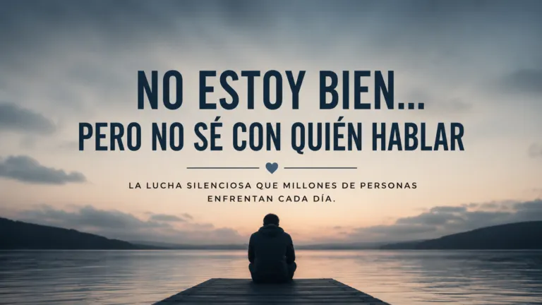 Persona sentada de espaldas en un muelle frente a un lago al atardecer; texto en español sobre no estar bien y buscar a quién hablar (mensaje de ayuda emocional).