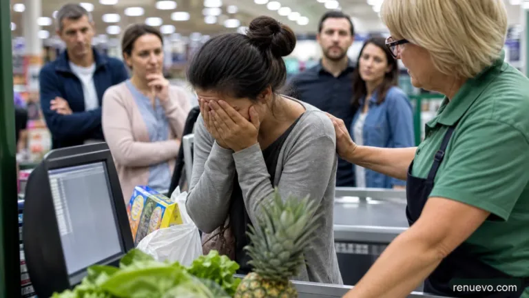 Una madre angustiada no tiene dinero para pagar en la caja del supermercado. La reacción de la gente Te Sorprenderá